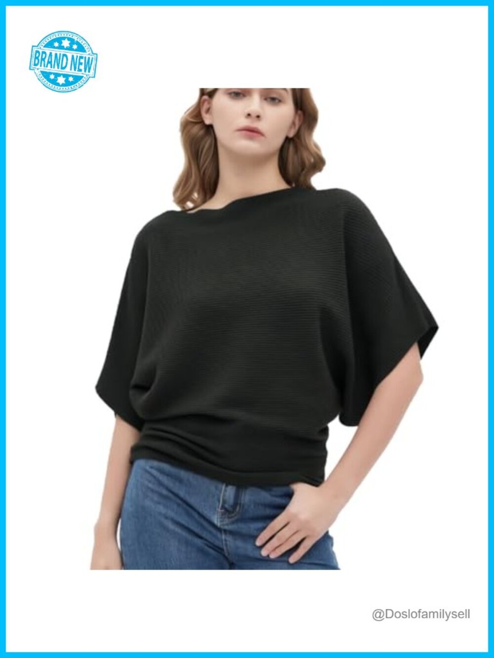 Womens Ribbed Knit Boat Neck Dolman Sleeve Pullover Sweater One Size